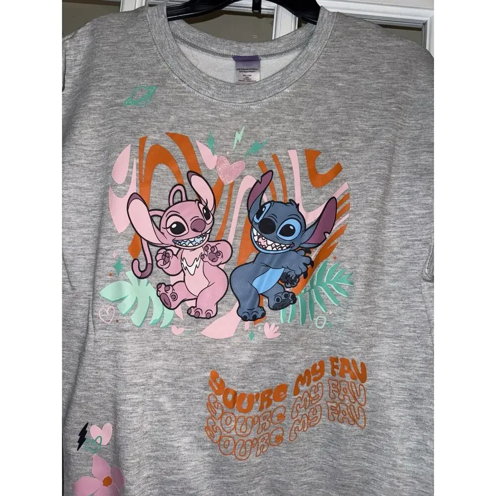 Disney Lilo & Stitch Angel Graphic Sweater Gray Juniors size Large Long Sleeve